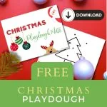 Christmas-themed playdough mats offer a festive activity with decorations on a red background. Free download available via KiddyCharts website.
