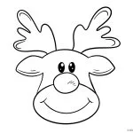 Smiling cartoon reindeer face with large eyes and antlers, outlined in black on a white background. Simple, playful design by KiddyCharts.