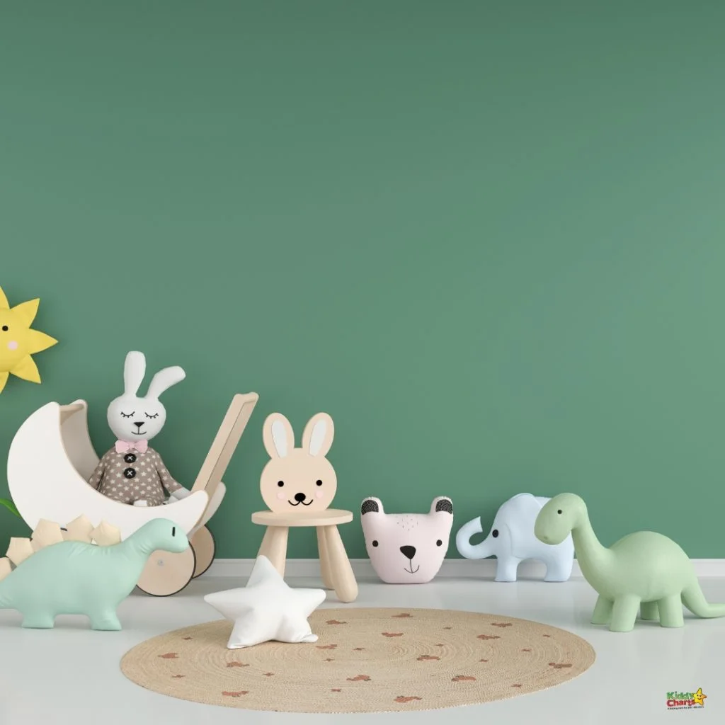 Children's playroom with green walls, featuring toy animals, a rug, and a playful sun decoration on the wall. Cozy and inviting atmosphere.