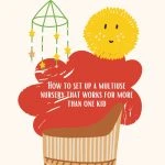Illustrated nursery design tips with a playful sun, mobile, and chair. Includes text: "How to set up a multiuse nursery."