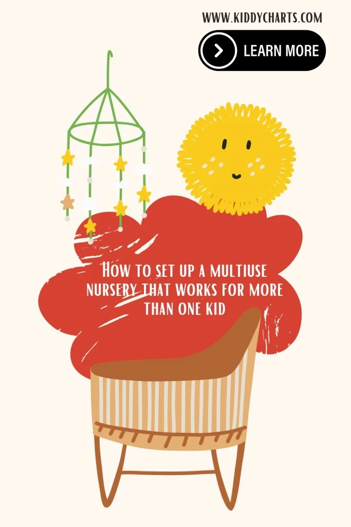 Illustrated nursery design tips with a playful sun, mobile, and chair. Includes text: "How to set up a multiuse nursery."