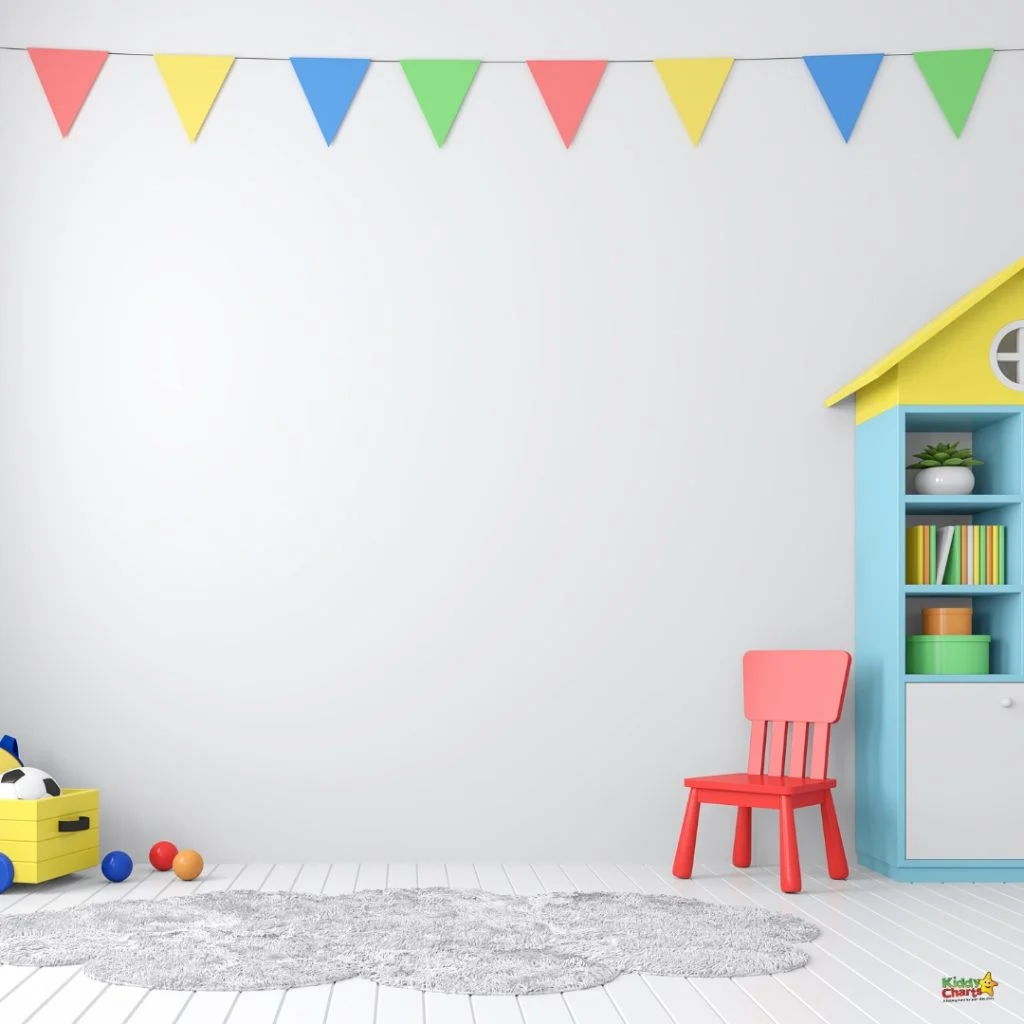 Colorful children's room with triangular bunting, red chair, yellow and blue shelf resembling a house, toys, and a soft gray rug on white floor.