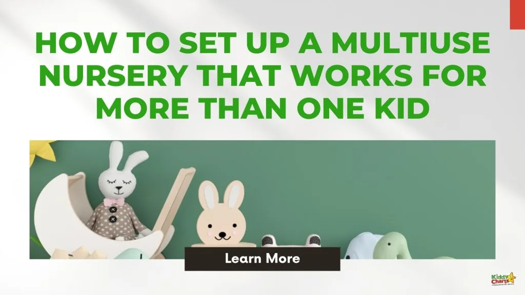 Text reads, "How to set up a multiuse nursery that works for more than one kid." Features playful animal toys and a learn more button.