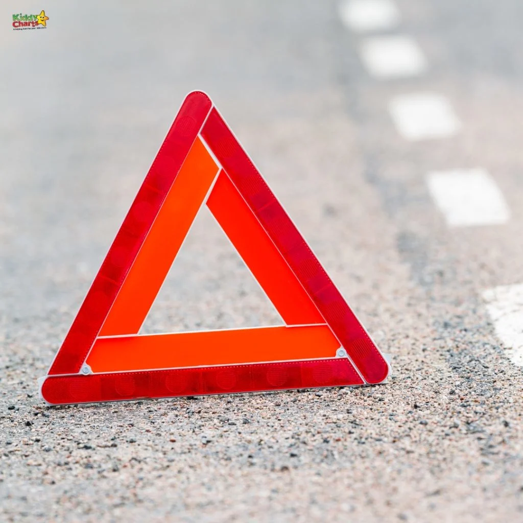 A red emergency warning triangle stands on a textured road. The background shows a white dashed line marking the road's edge.