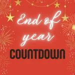Festive red background with "End of Year Countdown" text, surrounded by fireworks and hanging stars, celebrating the upcoming new year.