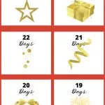 Image of a countdown calendar with gold star, gift, ornaments, ribbon, bow, and fireworks, starting from 24 days. KiddyCharts 2025 logo included.