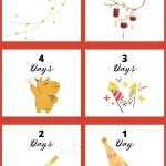 Countdown calendar with six festive illustrations, including stars, lanterns, a bear, fireworks, a champagne bottle, and a party hat, celebrating New Year.