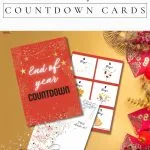 Festive end-of-year countdown cards displayed with gold and red decorations, confetti, and a champagne bottle. Includes download button and website link.