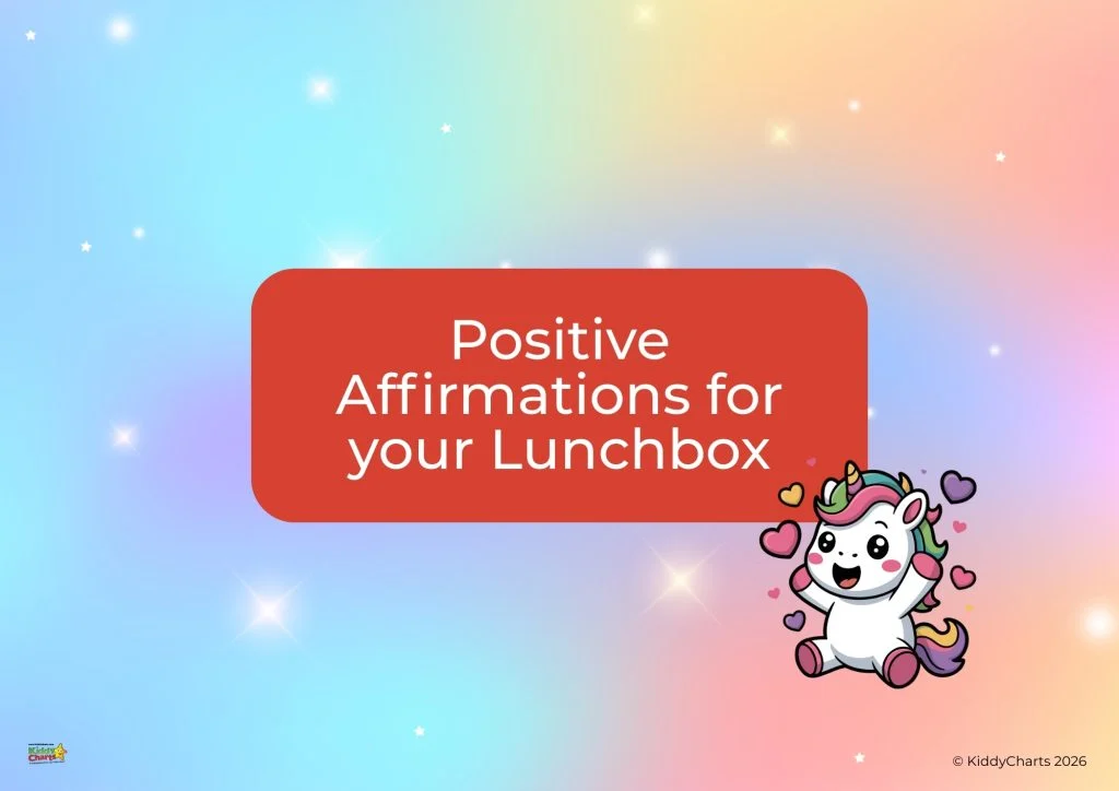 Colorful gradient background with cute unicorn and hearts. Red text box reads, &ldquo;Positive Affirmations for your Lunchbox.&rdquo; &copy; KiddyCharts 2026.