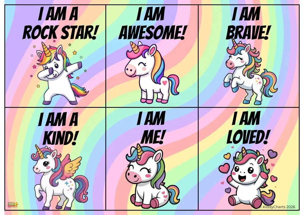 A colorful comic featuring unicorns with positive affirmations like "I am awesome," set against a rainbow background.