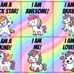 A colorful comic featuring unicorns with positive affirmations like "I am awesome," set against a rainbow background.