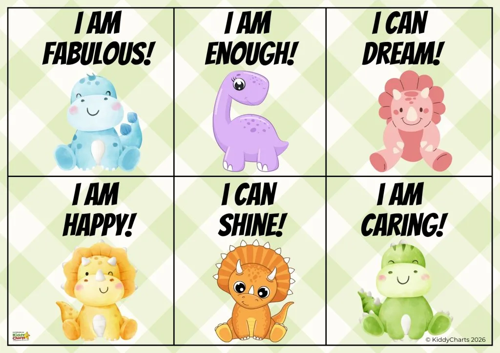 Cute dinosaur illustrations with affirmations: "I am fabulous," "I am enough," "I can dream," "I am happy," "I can shine," "I am caring."