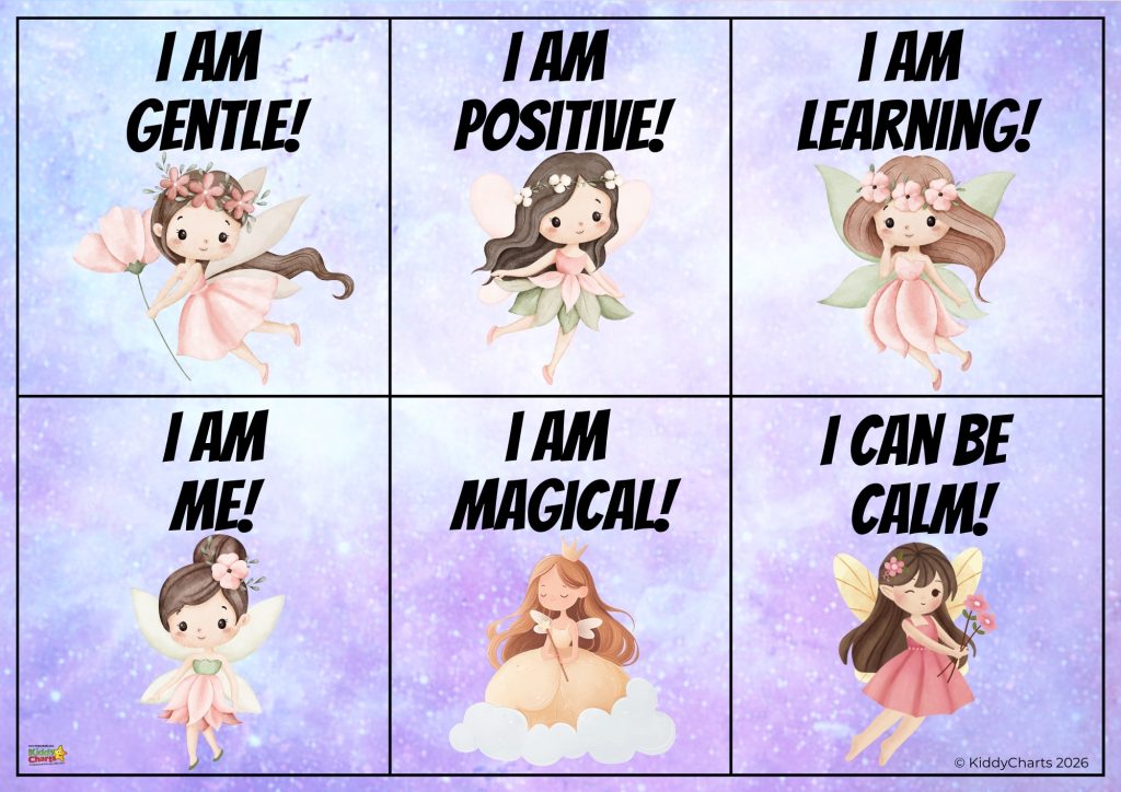 Six illustrated fairies alongside positive affirmations: "I am gentle, positive, learning, me, magical, calm." Background features a soothing pastel gradient.