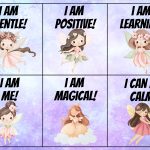 Six illustrated fairies alongside positive affirmations: "I am gentle, positive, learning, me, magical, calm." Background features a soothing pastel gradient.