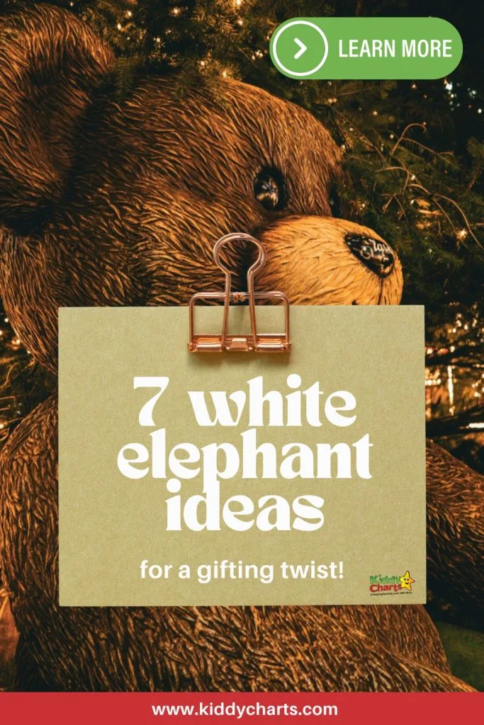 A large teddy bear with lights in the background displays a card titled "7 white elephant ideas for a gifting twist!"