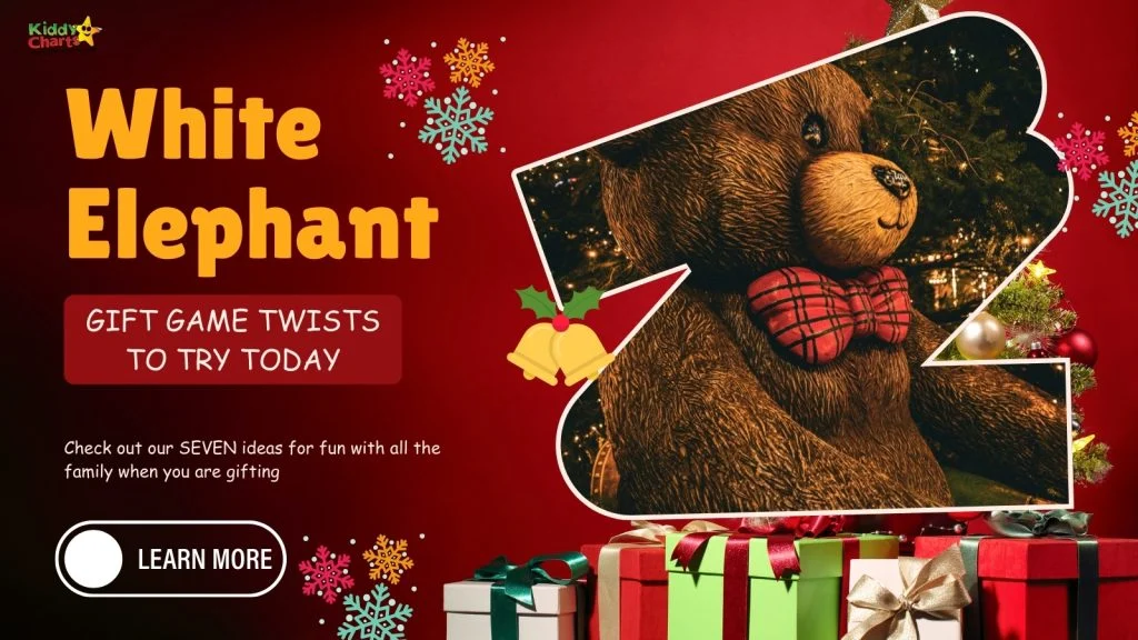 Festive image featuring a large teddy bear with a plaid bow tie, holiday decorations, and gifts. Text promotes "White Elephant" gift ideas.