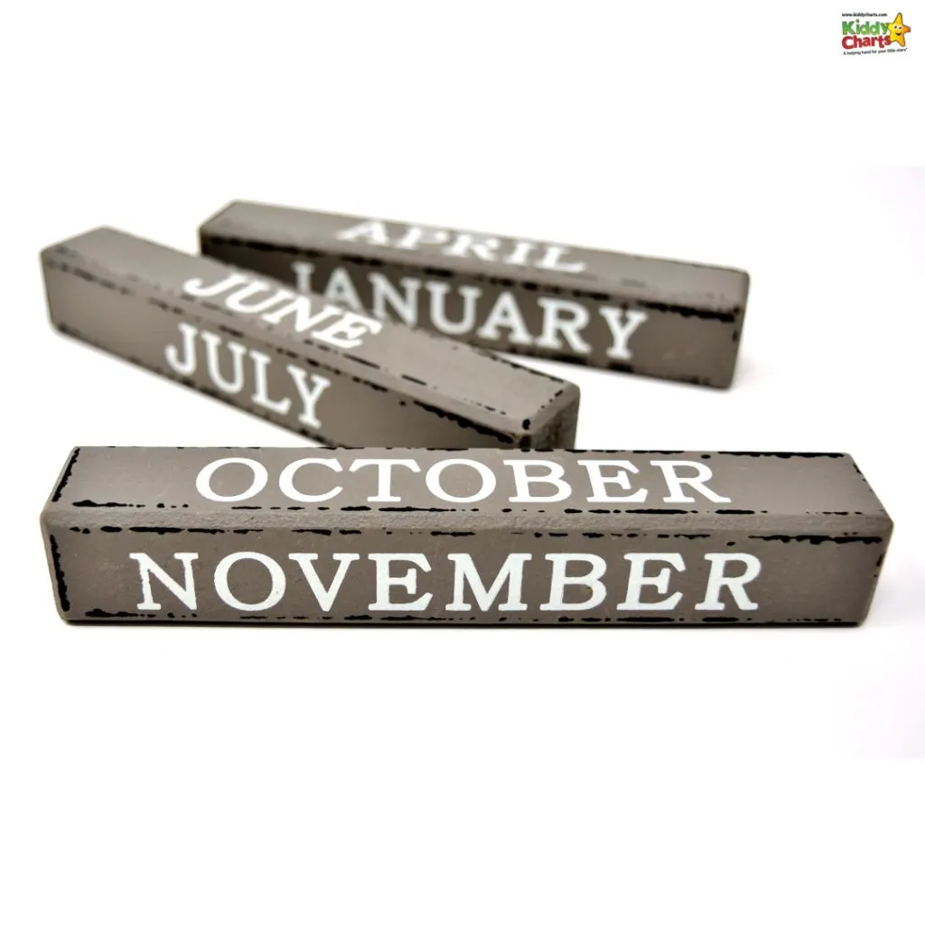 Wooden blocks displaying months: October, November, June, July, April, and January, arranged on a white background with "KiddyCharts" logo.