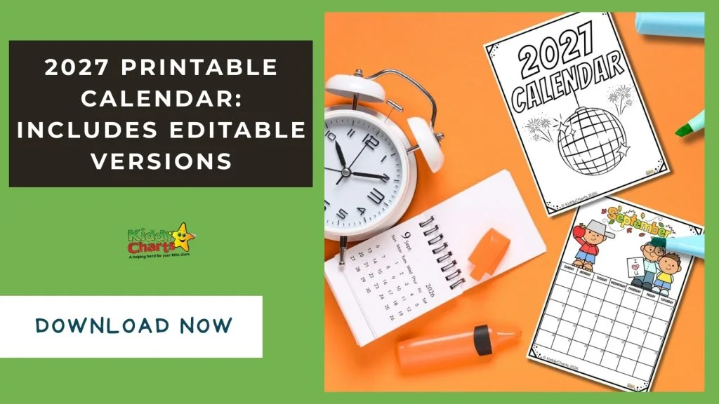 Colorful 2027 calendar promo featuring a clock, pen, and playful designs. Highlighted as printable and editable, encouraging downloads. No landmarks or historical buildings.