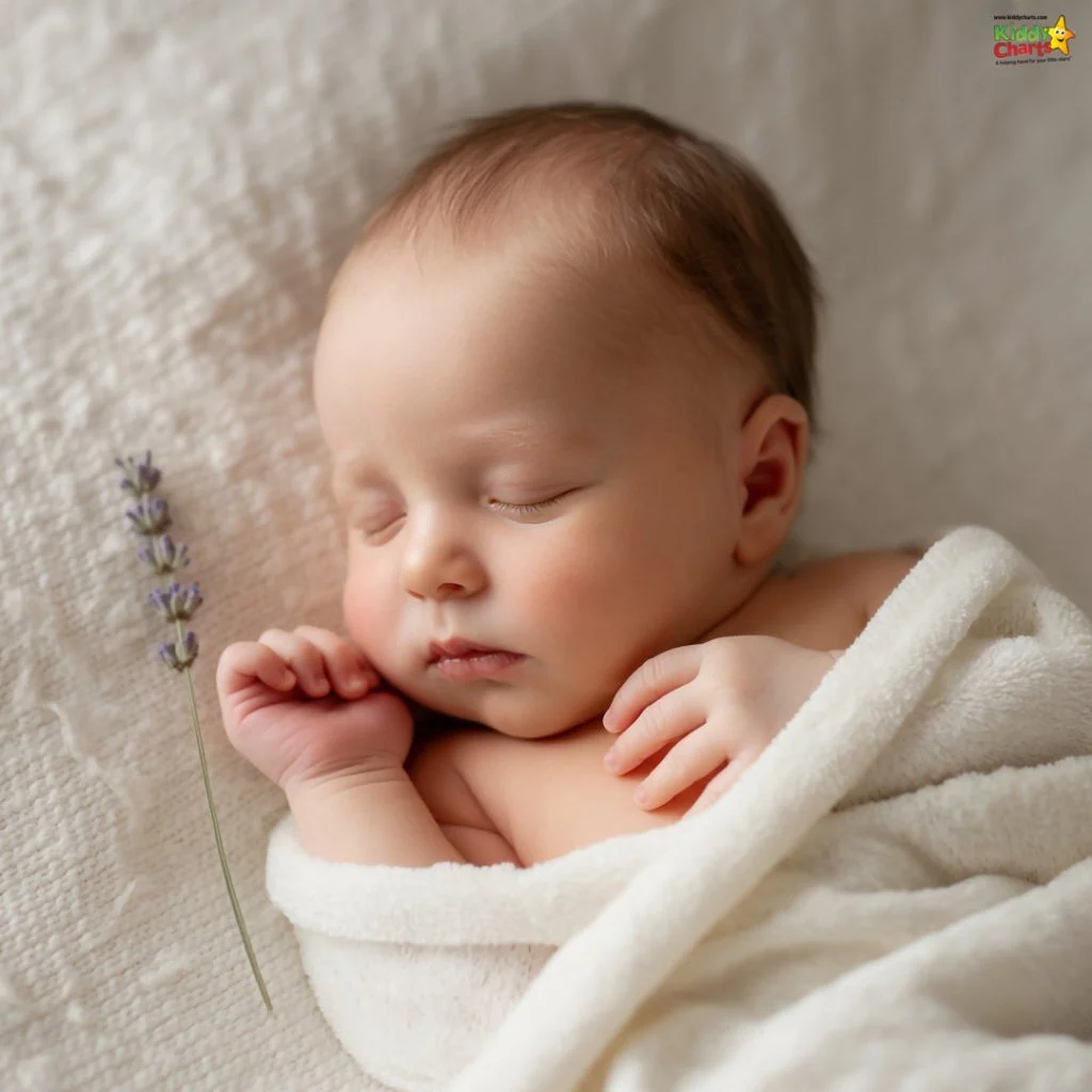 A peaceful baby is wrapped in a soft blanket, sleeping beside a sprig of lavender on a cozy white blanket.