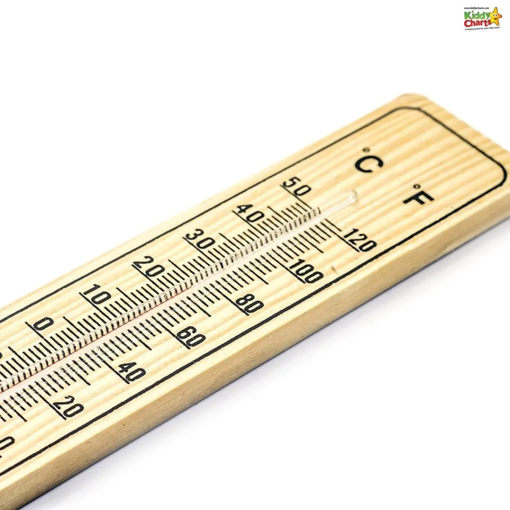 A wooden thermometer displays temperature in Celsius and Fahrenheit, showcasing dual scales. The image features branding with "Kiddy Charts" in the top right corner.