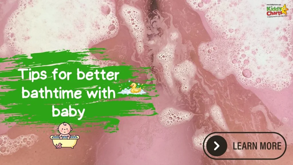 Pink bubbly bathwater with text: "Tips for better bathtime with baby" on a green background, featuring a rubber duck and cartoon baby illustration.