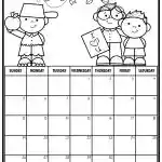 A children's calendar coloring page for September features three cartoon characters and leaves, with a grid layout for days of the month.