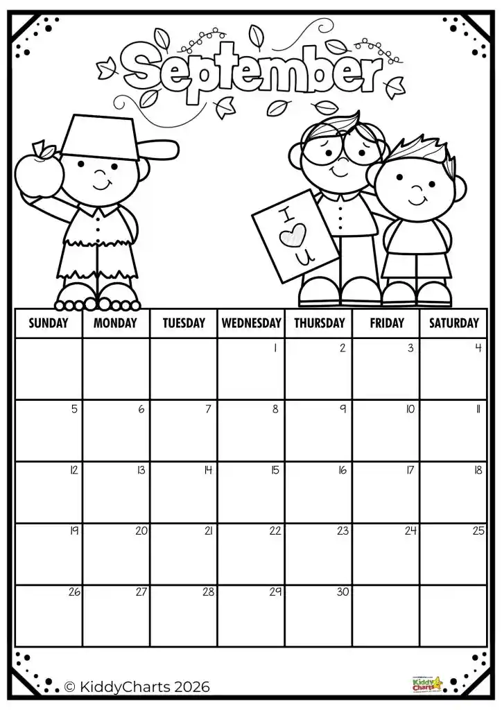 A children's calendar coloring page for September features three cartoon characters and leaves, with a grid layout for days of the month.