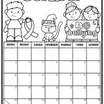October-themed coloring calendar with cartoon characters, a cat, and "No Bullying" sign. Days of the week and dates are displayed.