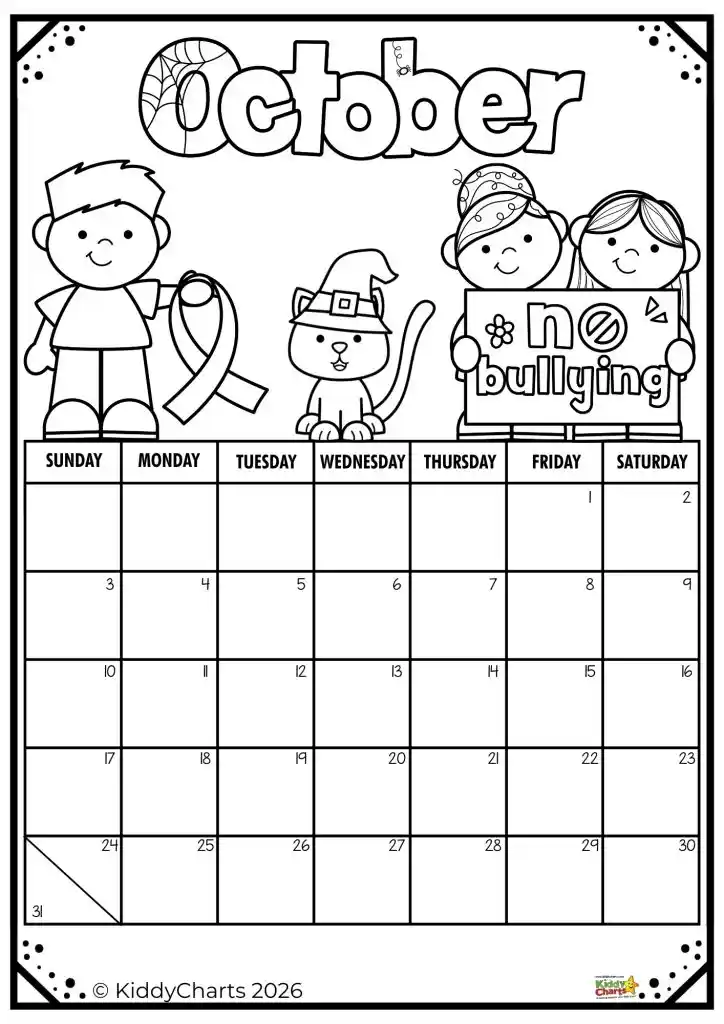 October-themed coloring calendar with cartoon characters, a cat, and "No Bullying" sign. Days of the week and dates are displayed.