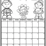 Black and white November calendar with cartoon people and turkey. Labeled Sunday to Saturday. Borders feature playful leaf and dot patterns.