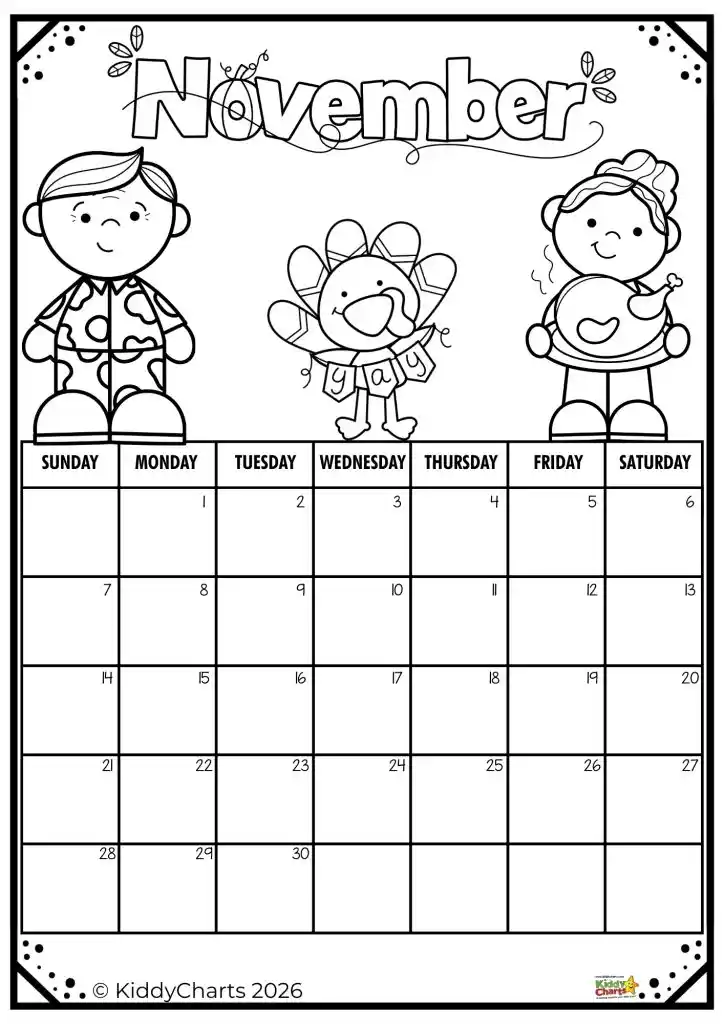 Black and white November calendar with cartoon people and turkey. Labeled Sunday to Saturday. Borders feature playful leaf and dot patterns.
