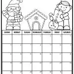 Black-and-white December calendar features Santa, a gingerbread house, and a person holding a large gingerbread cookie. Dates are blank for customization.