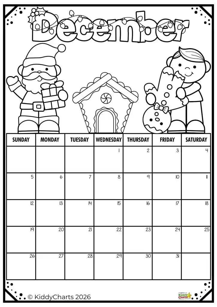 Black-and-white December calendar features Santa, a gingerbread house, and a person holding a large gingerbread cookie. Dates are blank for customization.