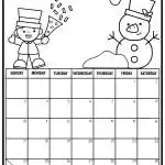 Illustrated January calendar page featuring a smiling snowman and a cheerful person with a party horn, ready to color.