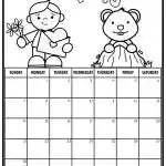 A black and white February calendar with a cartoon person holding flowers and an envelope, and a groundhog on top.