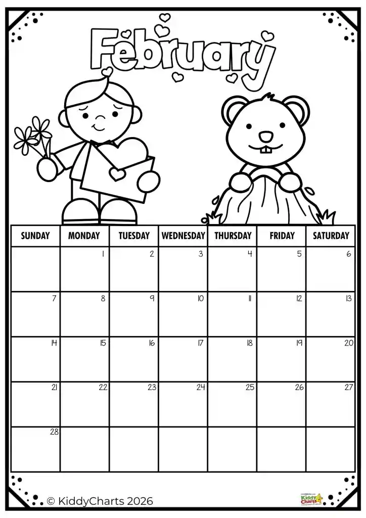 A black and white February calendar with a cartoon person holding flowers and an envelope, and a groundhog on top.