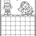 A black-and-white March calendar features whimsical figures: a leprechaun, a person, and a dog, designed for coloring activities.