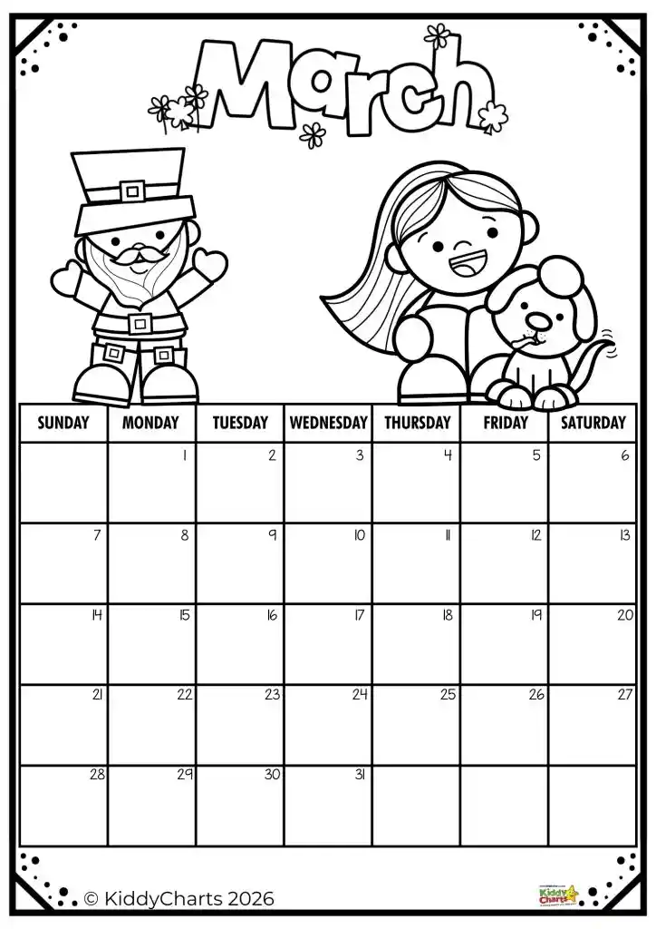 A black-and-white March calendar features whimsical figures: a leprechaun, a person, and a dog, designed for coloring activities.