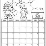 April calendar page with cartoon person, umbrella, rabbit, and recycling bin. Decorated with raindrops, suitable for coloring.