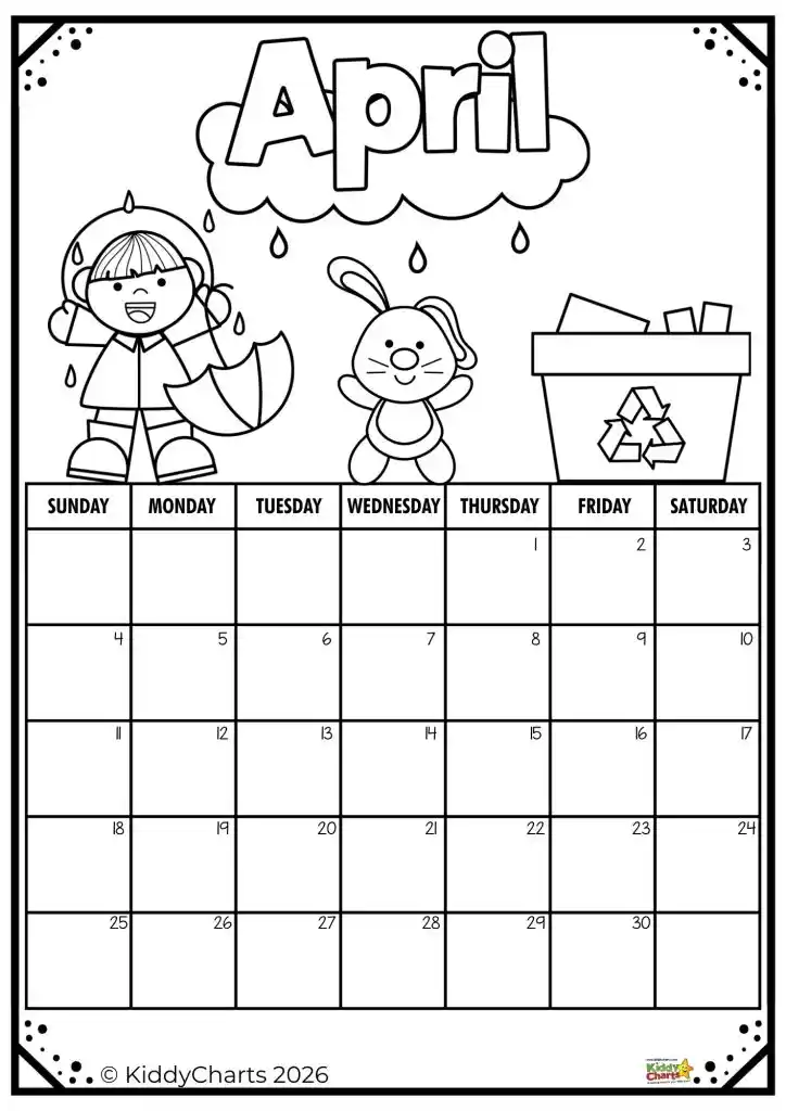 April calendar page with cartoon person, umbrella, rabbit, and recycling bin. Decorated with raindrops, suitable for coloring.
