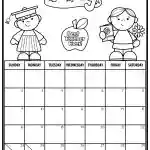 Black and white May calendar with decorative figures and flowers. Includes "Best Teacher Ever" apple and "Mom" card. Simple, child-friendly design.