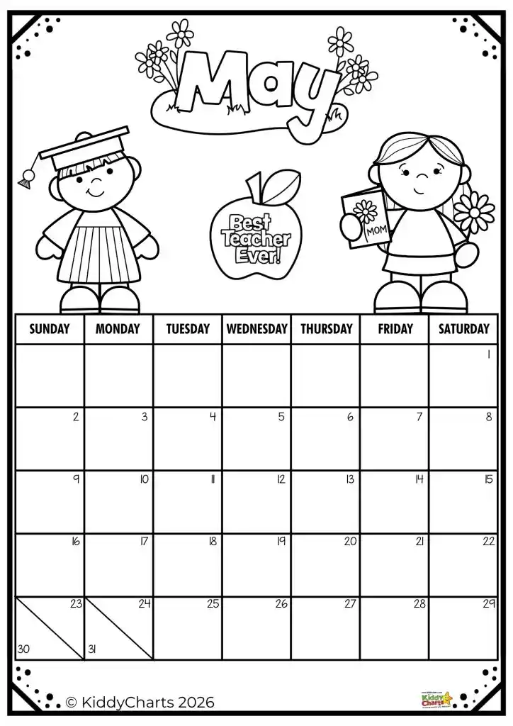Black and white May calendar with decorative figures and flowers. Includes "Best Teacher Ever" apple and "Mom" card. Simple, child-friendly design.