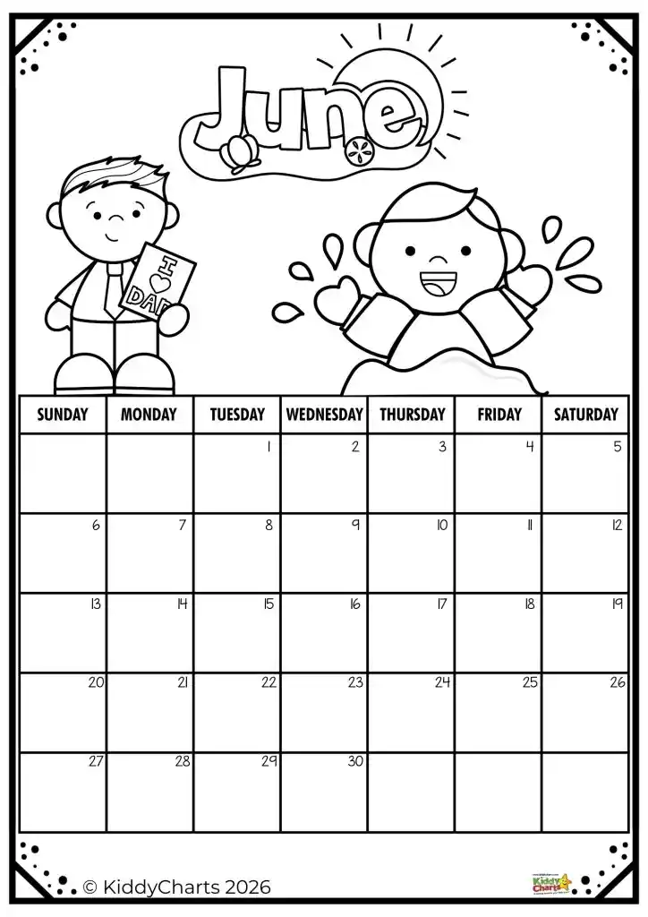 Black and white June calendar page with playful doodles. Person holds an "I Love Dad" card. Blank days for customization.
