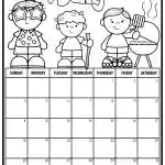 A July coloring calendar features three cartoon children celebrating, one with star glasses, another holding a stick, and the last grilling.
