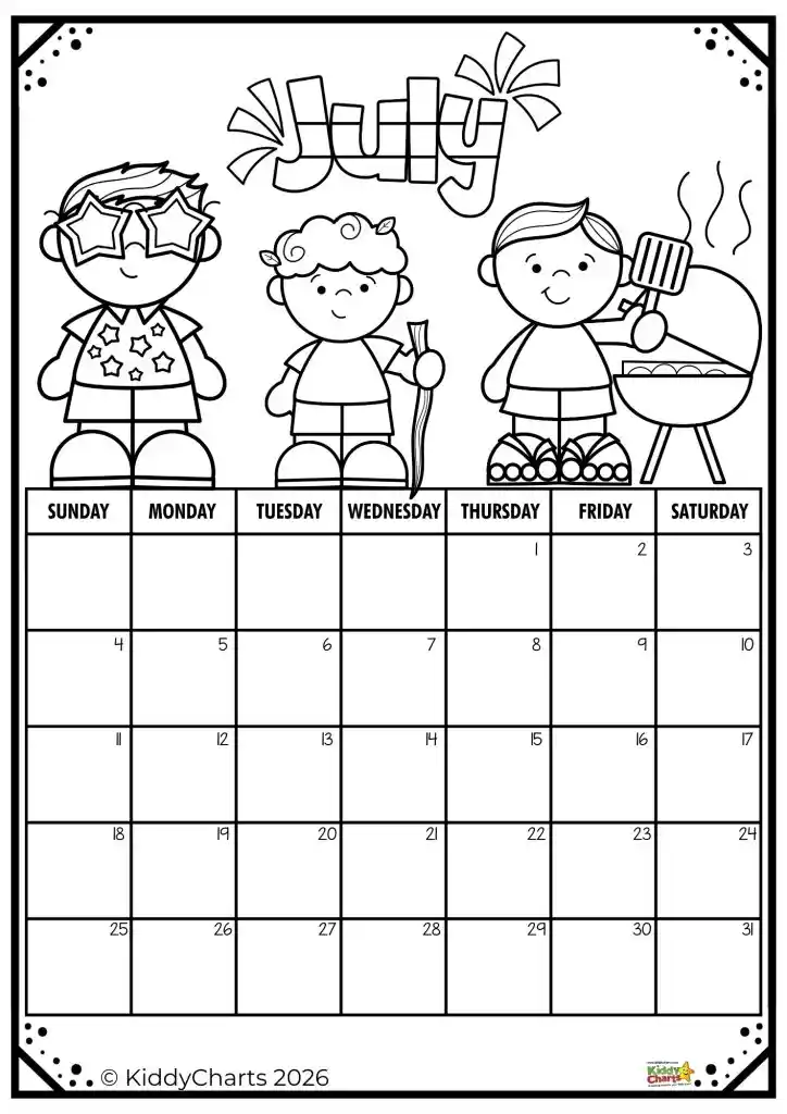 A July coloring calendar features three cartoon children celebrating, one with star glasses, another holding a stick, and the last grilling.
