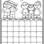 A calendar for August 2026 featuring cartoon people, some holding a welcome sign. Days of the week are displayed at the top.