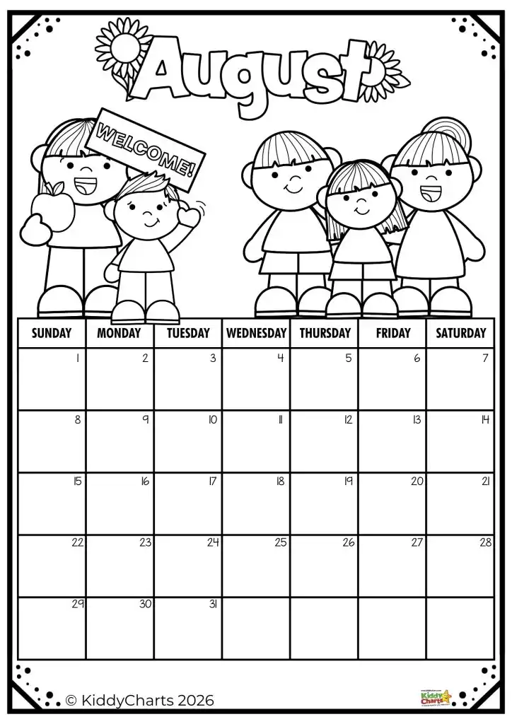 A calendar for August 2026 featuring cartoon people, some holding a welcome sign. Days of the week are displayed at the top.