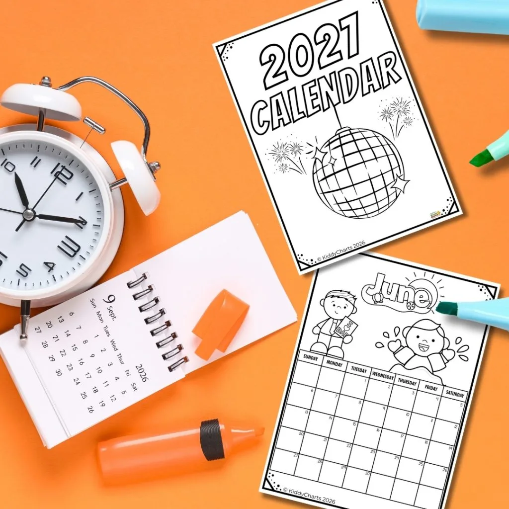 Desk with 2026 and 2027 calendars, an alarm clock, orange tape, and pens on an orange background.