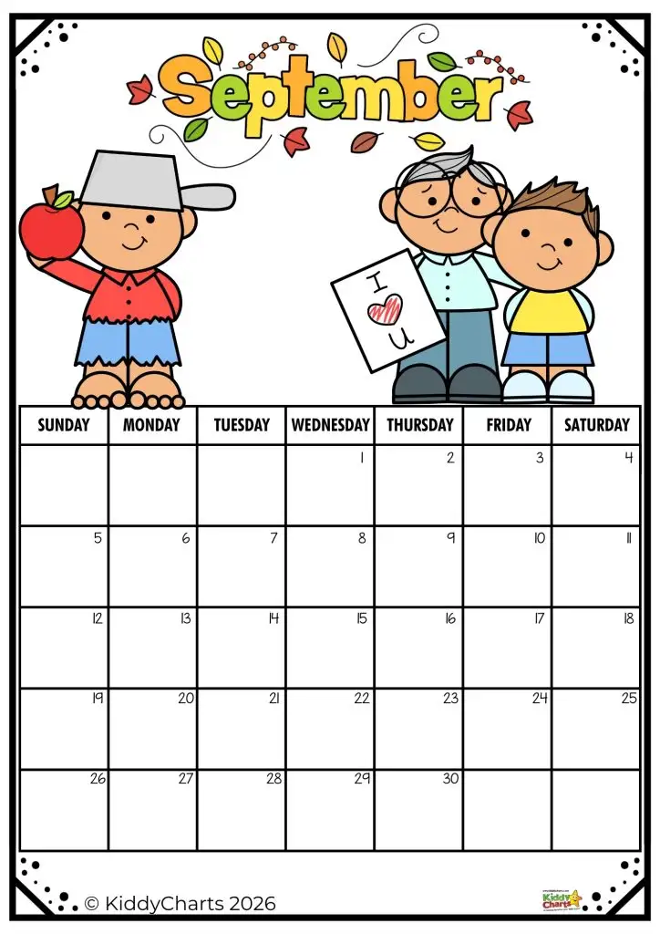 Colorful September calendar with cartoon characters holding an apple and heart note; includes grid layout without specific events marked.