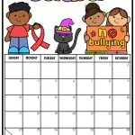 October calendar featuring cartoon figures, a cat with a witch hat, and anti-bullying theme. Includes red ribbon and colorful lettering.